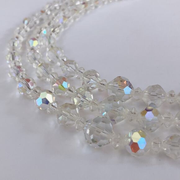 VTG Mid Century AB Crystal Triple Strand Necklace Aurora Borealis 1950s Bridal - Picture 12 of 12